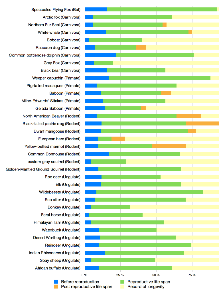 Lifespan of 35 populations of mammal.